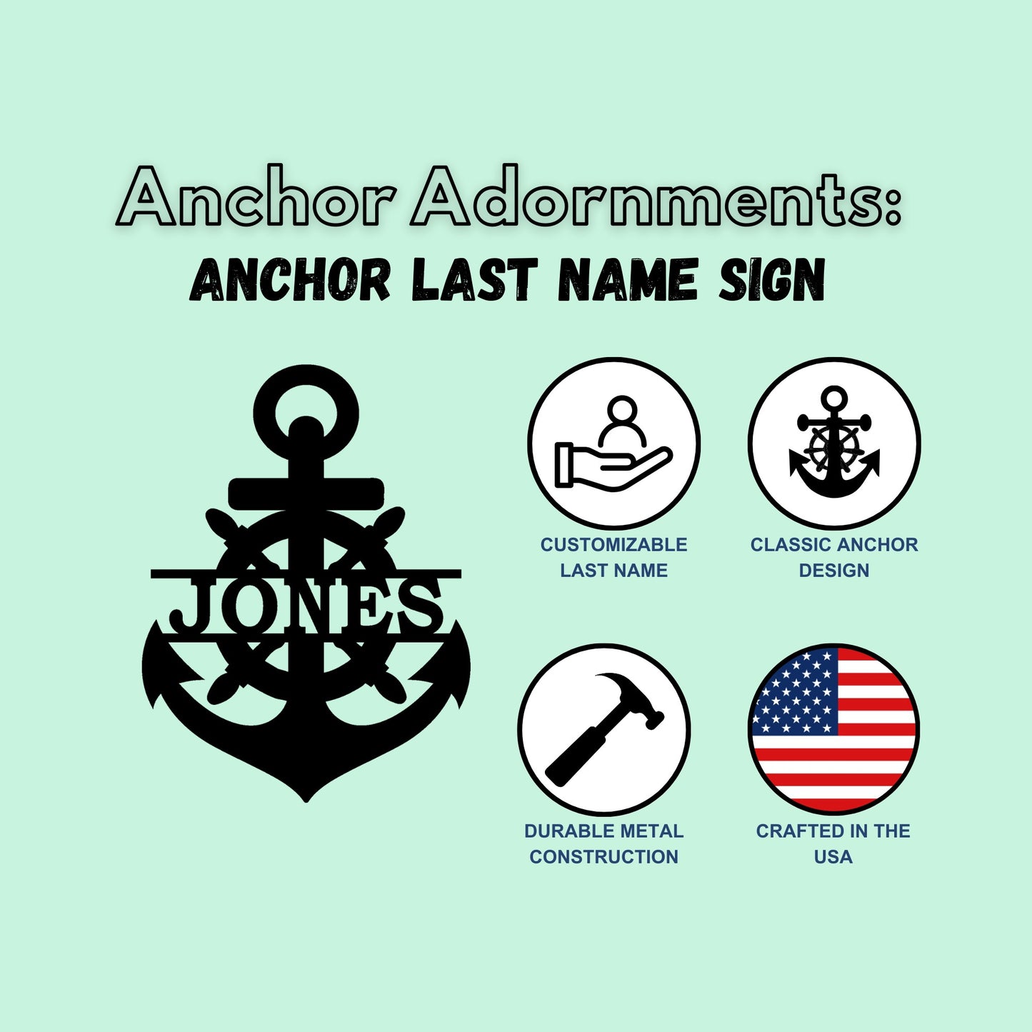 Custom anchor last name sign with features and benefits