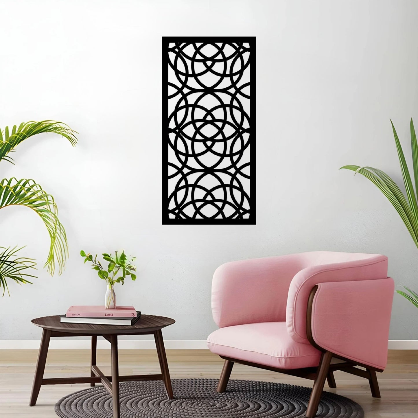 The Ellara Metal Wall Art is mounted on a wall, creating a crisp and modern backdrop for the bold, graphic design.
