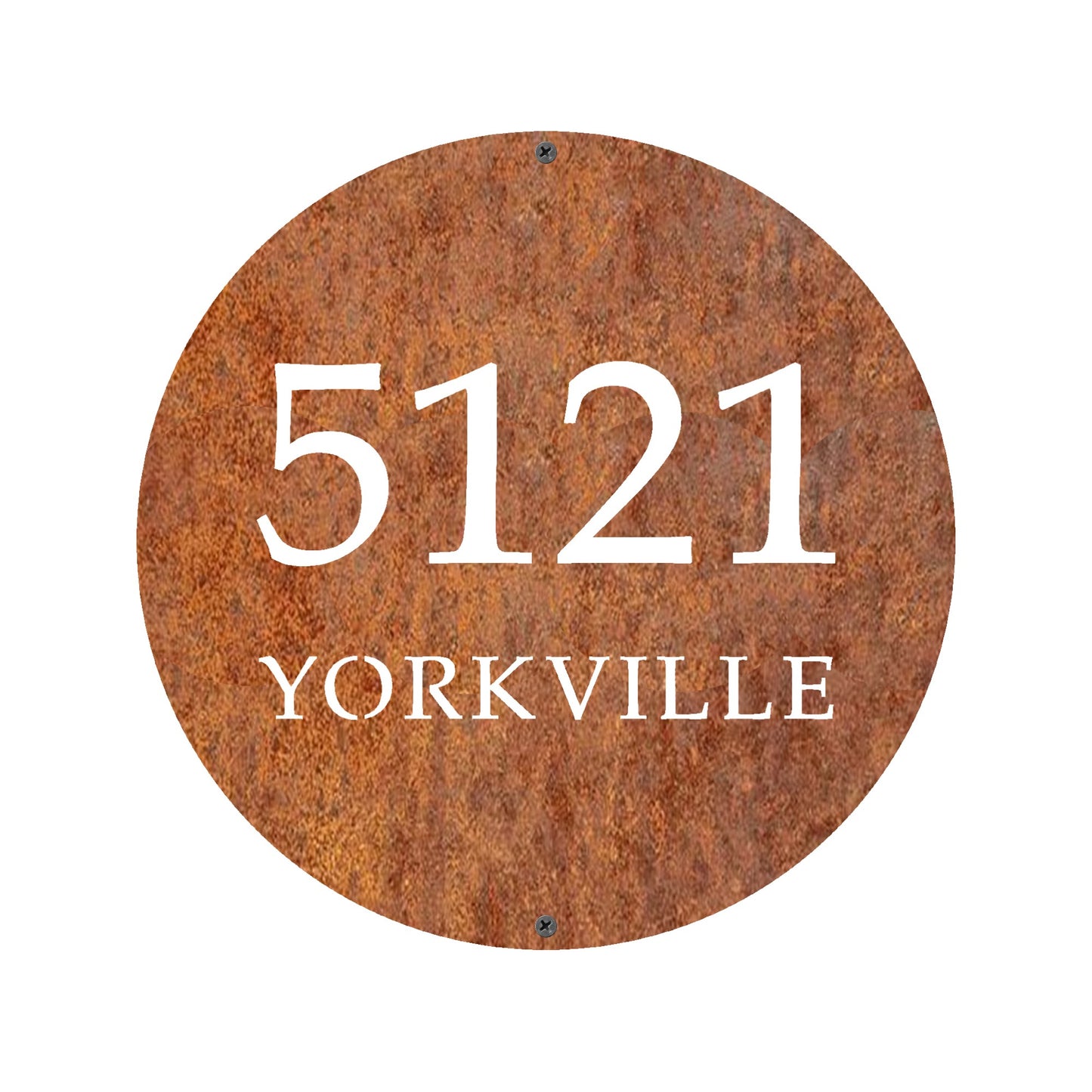 A round custom address plaque crafted from aged steel, blending industrial charm with modern typography