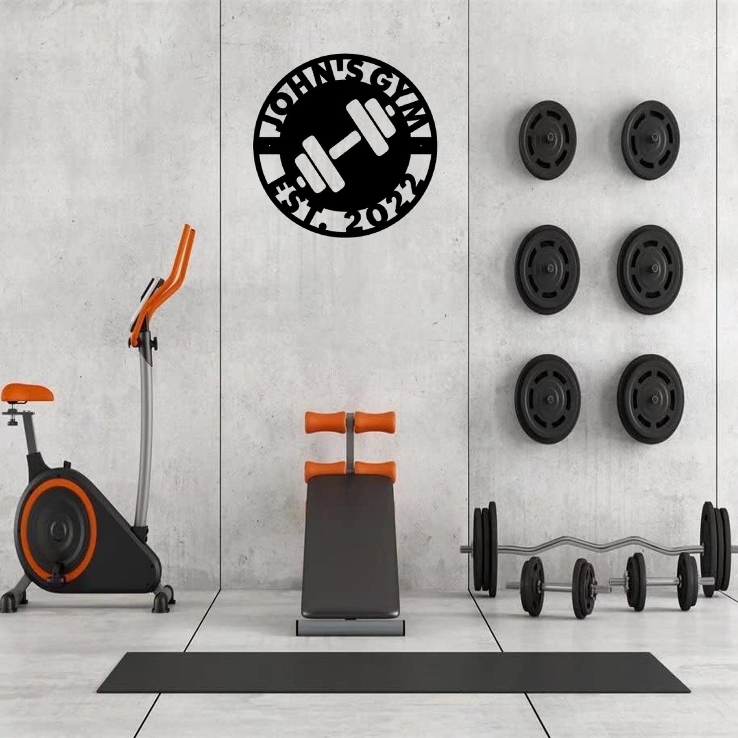 Custom gym circle sign with barbell and custom name