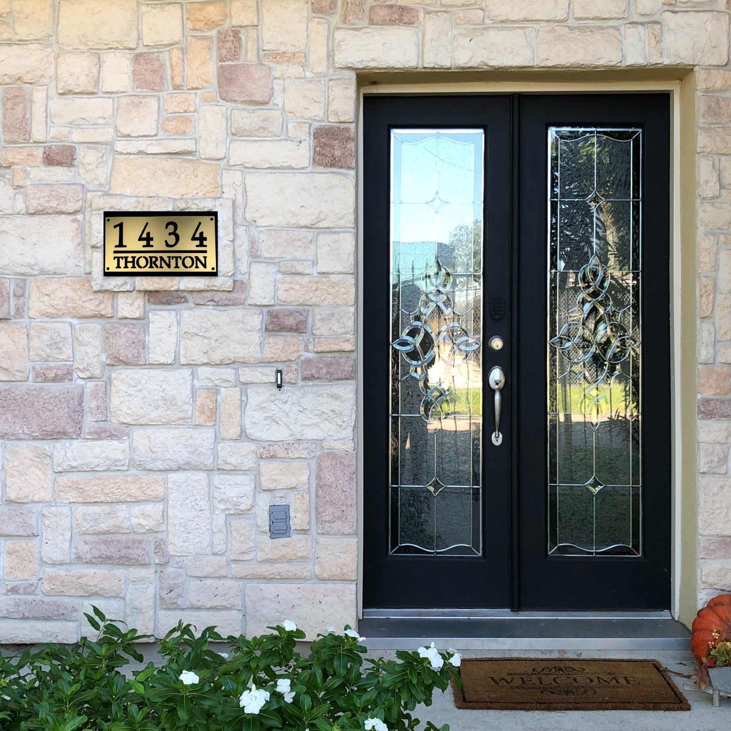 Custom Home Address Sign Gold Paint Facade