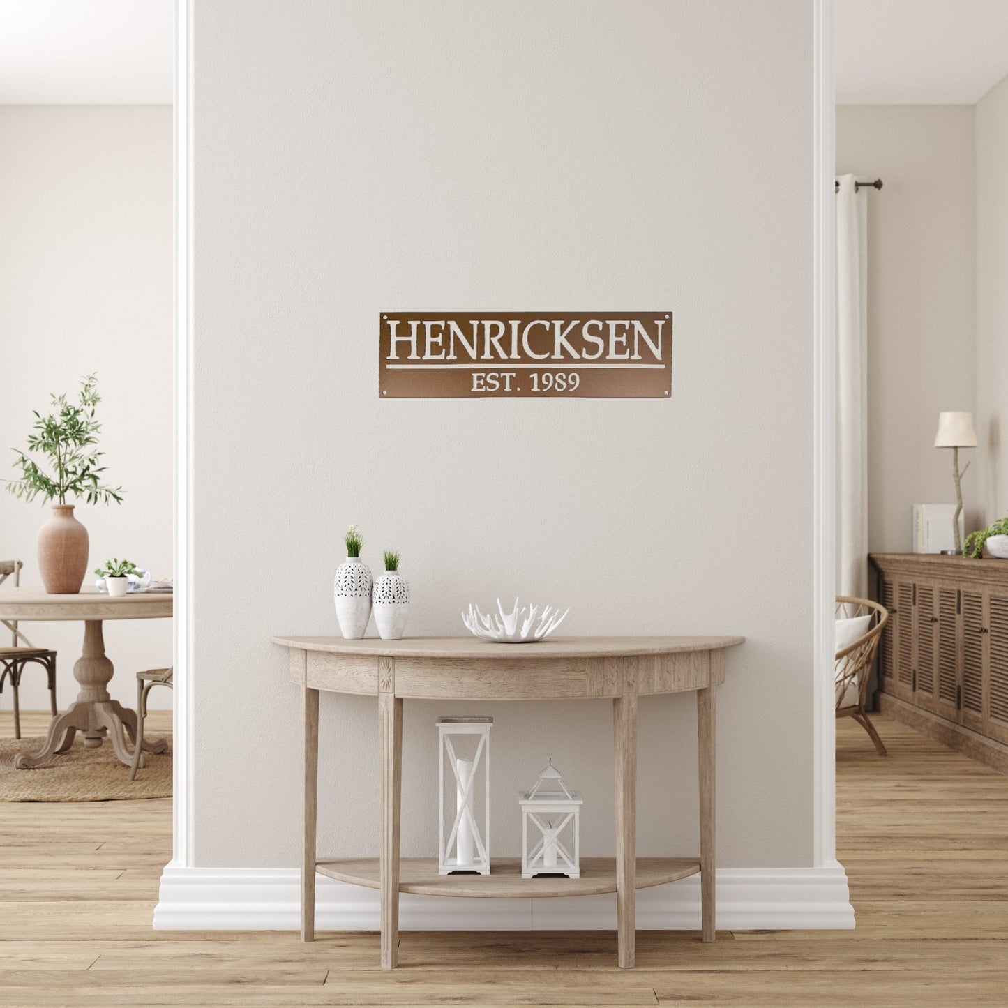 House entryway with an aged copper custom family name sign with established date