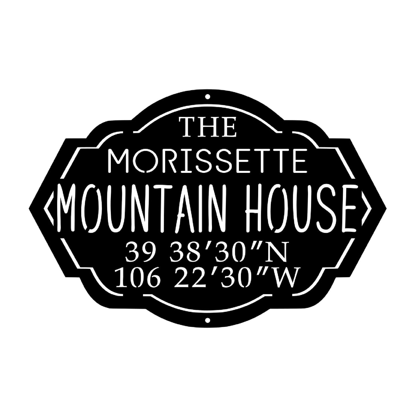 custom mountain house cabin sign with black paint family name and coordinates