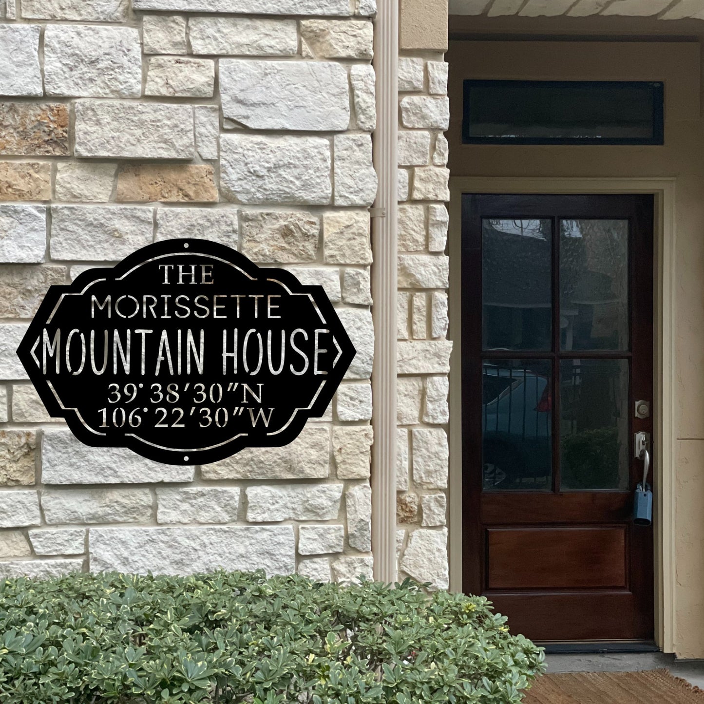 custom family name cabin or mountain house sign with family name and coordinates