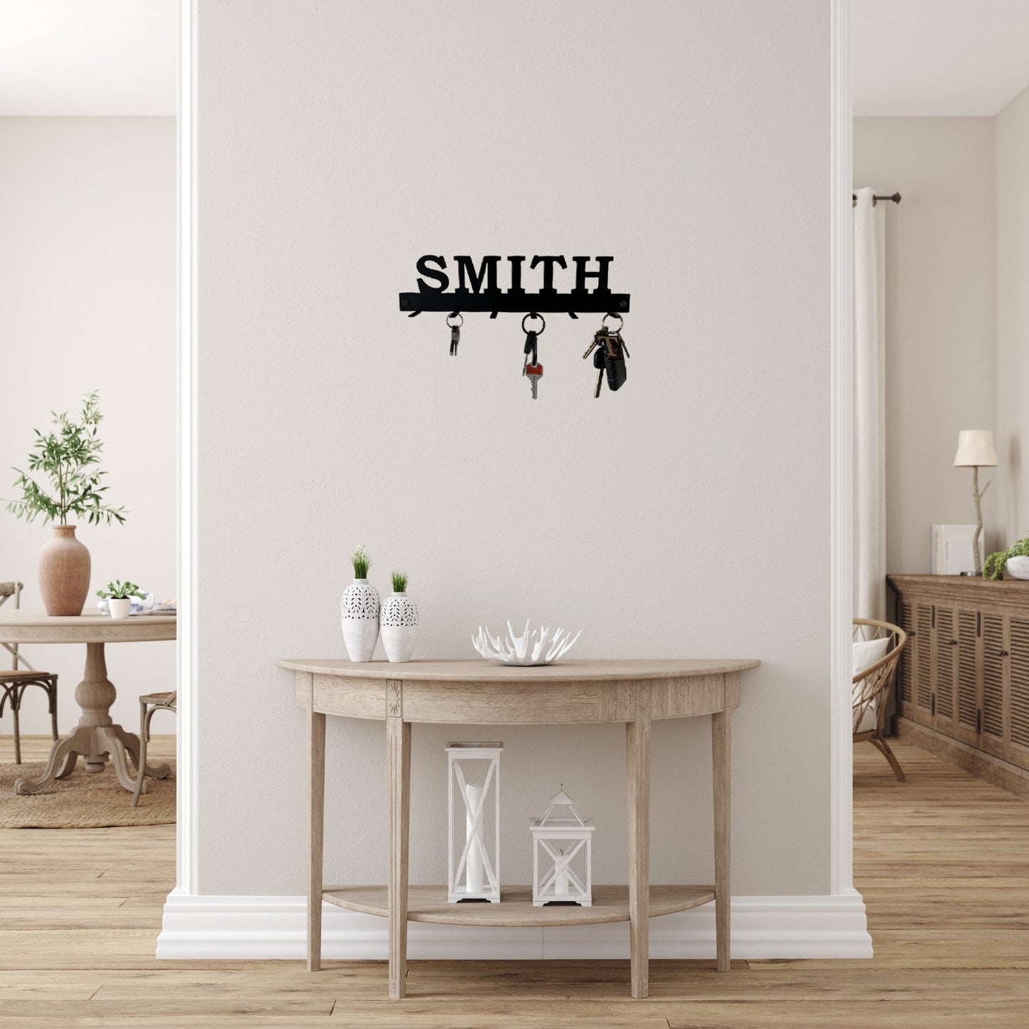 Custom name key rack with keys and a custom name on an entryway table