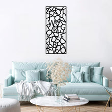 Load image into Gallery viewer, The Alphador Metal Wall Art hangs prominently on a living room wall, just above or behind a light blue sofa, creating a fresh and stylish focal point.