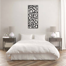 Load image into Gallery viewer, The Alphador Metal Wall Art is hung on the wall of a white bedroom, creating a sleek and contemporary focal point.