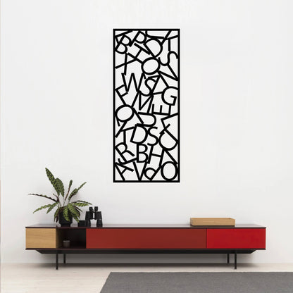 The Alphador Metal Wall Art is prominently displayed on the wall above or near a red desk, creating a striking and dynamic visual contrast.