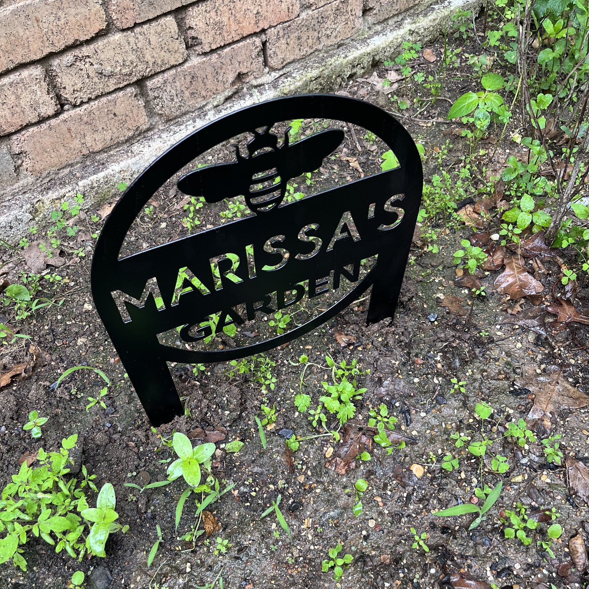 Custom Personalized Garden Sign with Stakes in Garden
