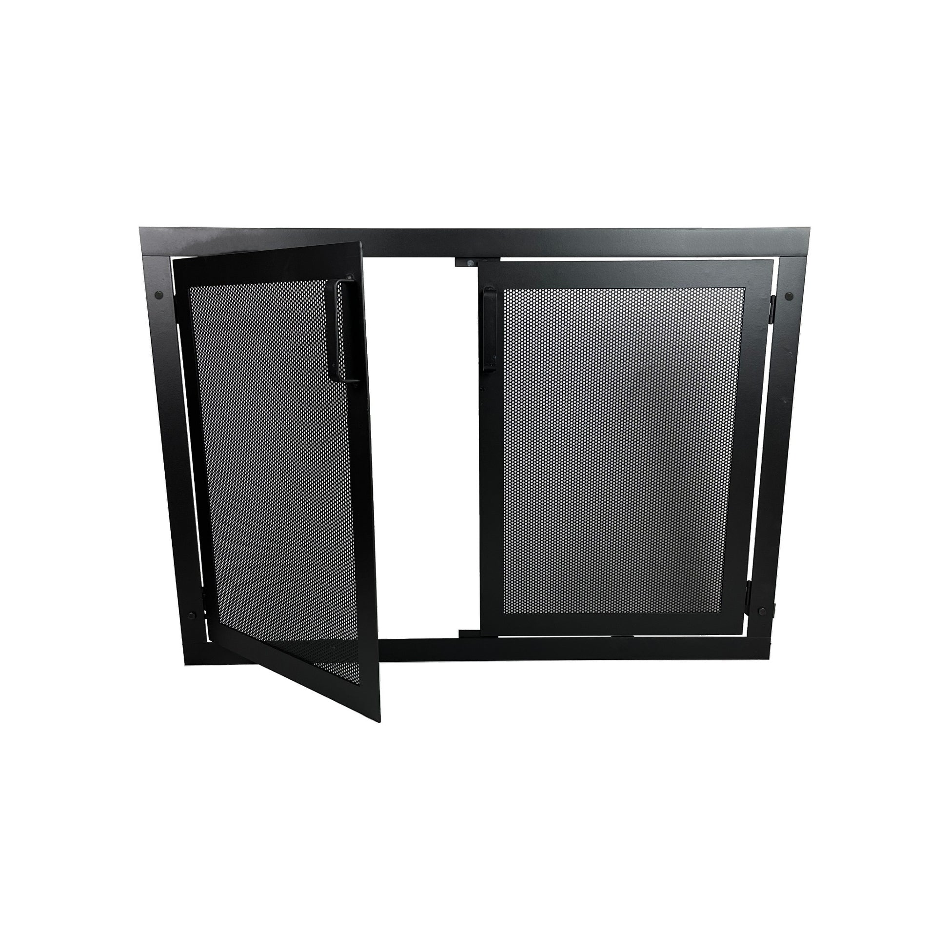 custom fireplace fire box screen with doors open