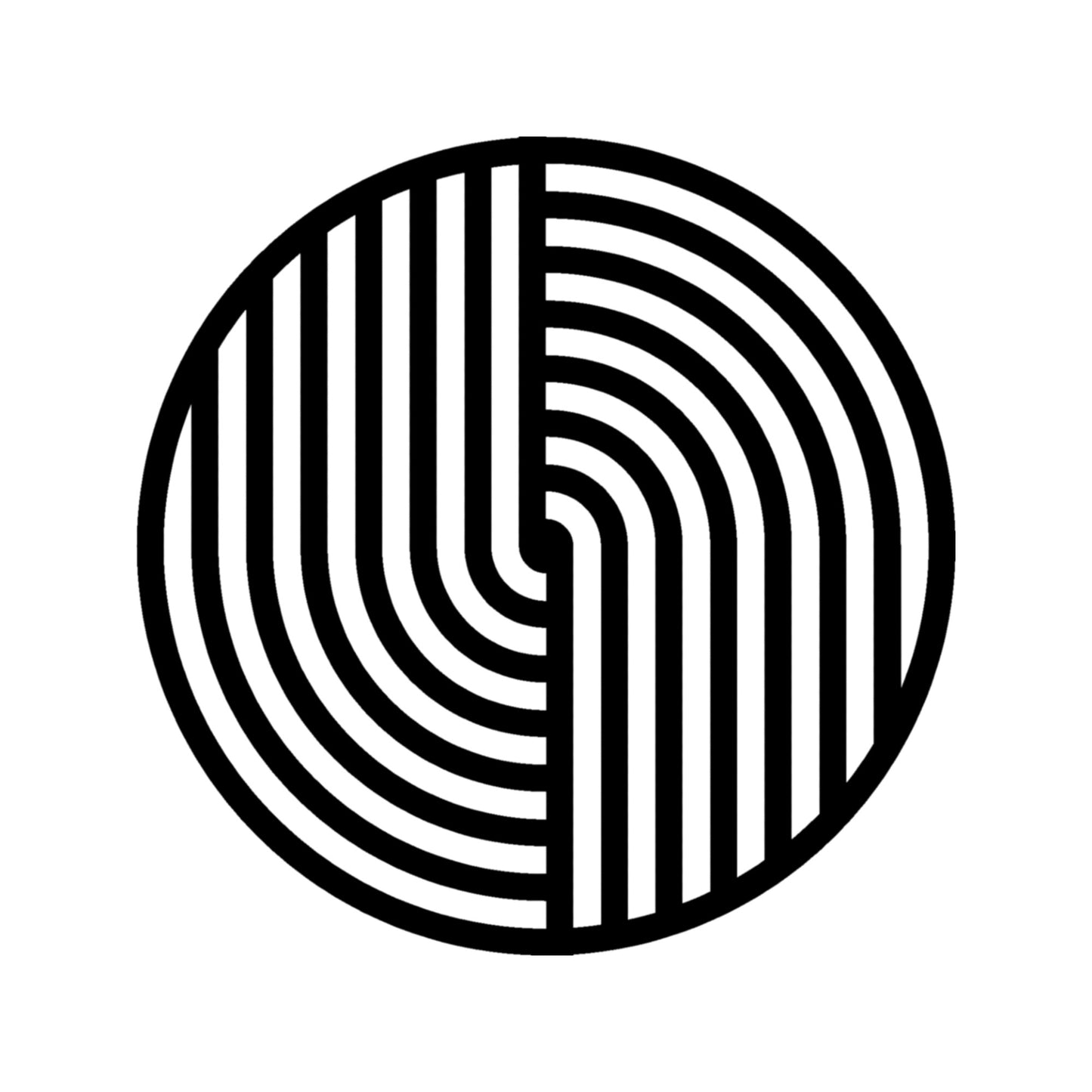The image features a round metal wall art piece with a bold geometric design. The artwork consists of black curved and straight lines arranged in a symmetrical pattern, creating a modern and minimalist aesthetic.