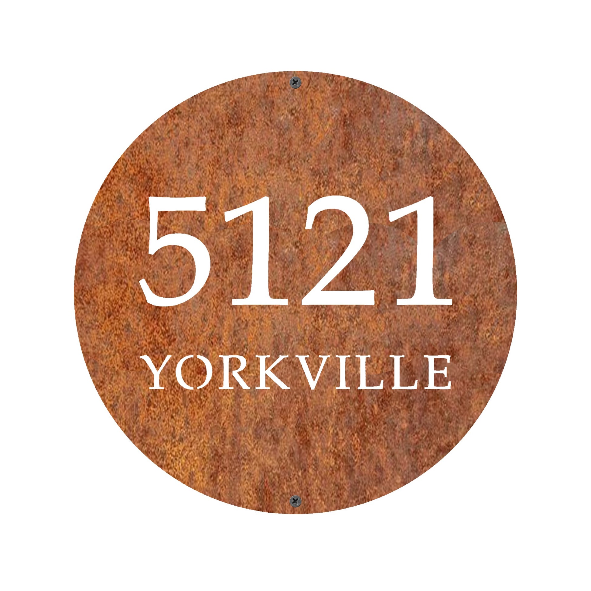 A round custom address plaque crafted from aged steel, blending industrial charm with modern typography
