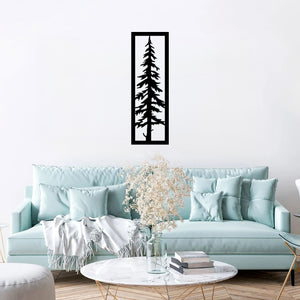 The Sylvara Tree Metal Wall Art hangs prominently on a living room wall, just above or behind a light blue sofa, creating a fresh and stylish focal point.