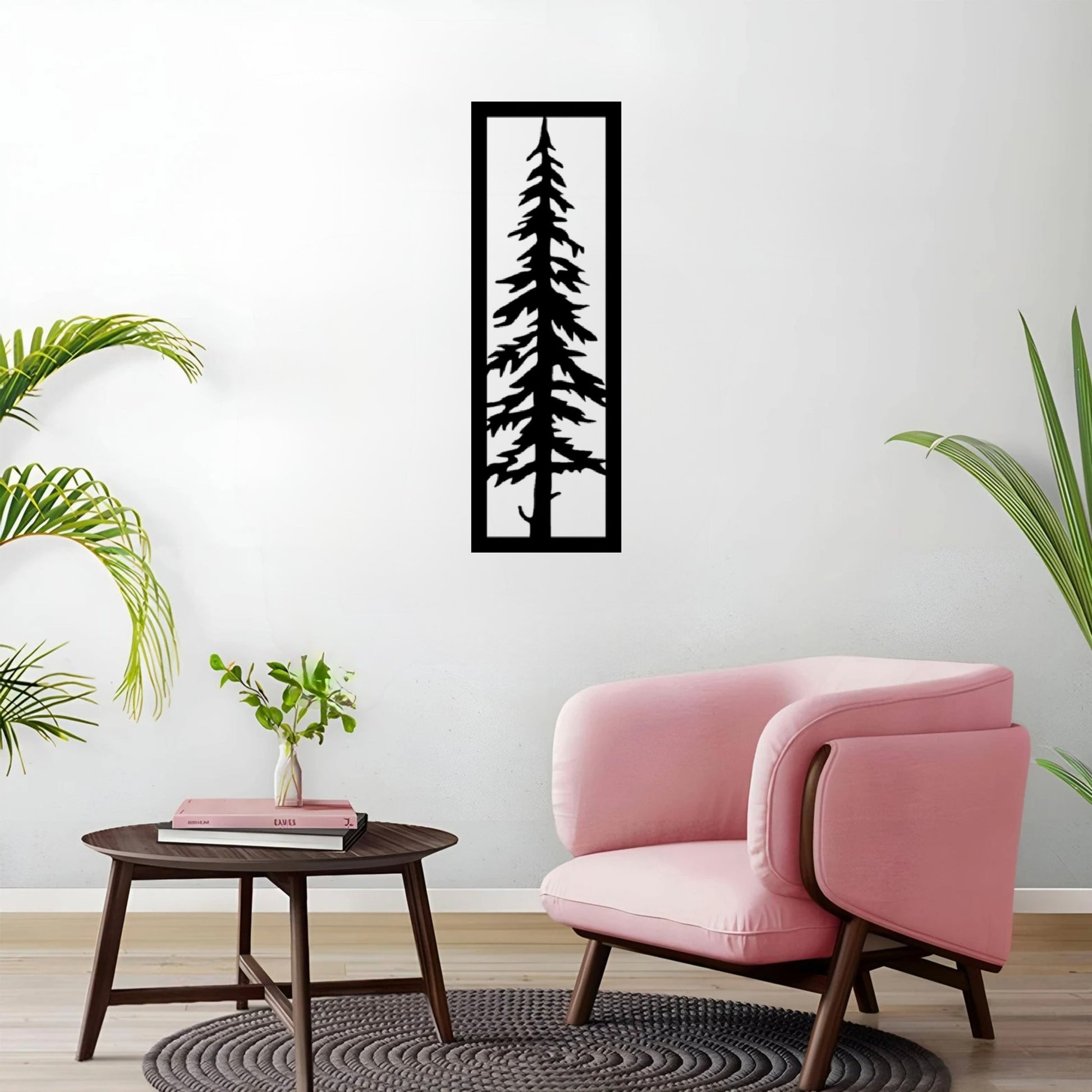 The Sylvara Tree Metal Wall Art is mounted on a wall, creating a crisp and modern backdrop for the bold, graphic design.