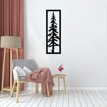 Load image into Gallery viewer, The Sylvara Tree Metal Wall Art is mounted on a wall, creating a crisp and modern backdrop for the bold, graphic design.