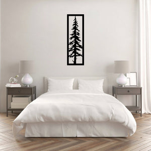 The Sylvara Tree Metal Wall Art is hung on the wall of a white bedroom, creating a sleek and contemporary focal point.