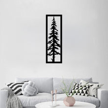 Load image into Gallery viewer, The Sylvara Tree Metal Wall Art is stylishly mounted on the wall of a living room, serving as a bold and modern focal point.