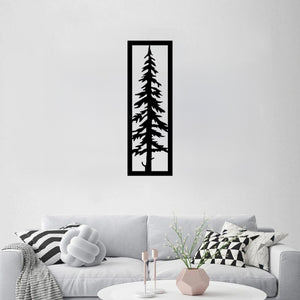 The Sylvara Tree Metal Wall Art is stylishly mounted on the wall of a living room, serving as a bold and modern focal point.