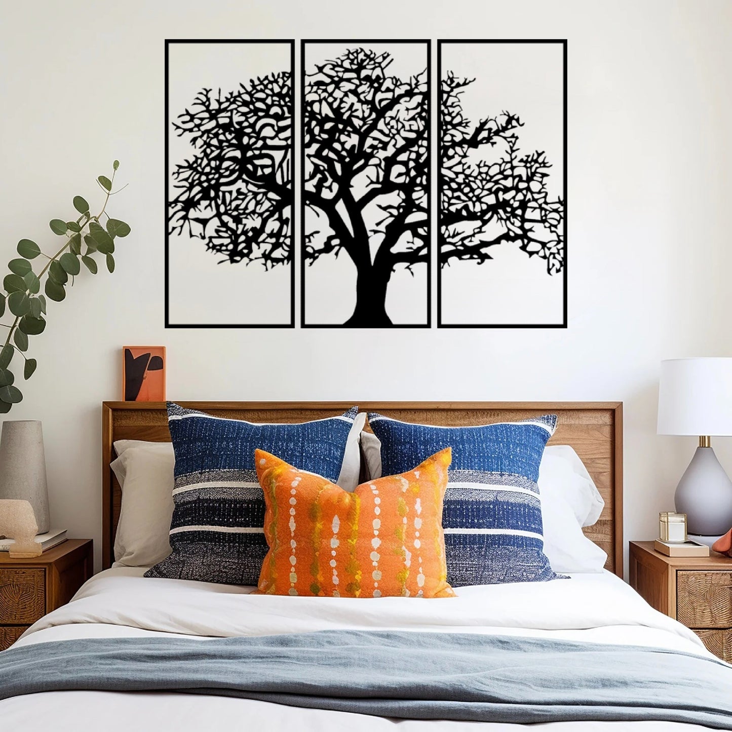 The Canopy Tree of Life Wall Art, featuring a beautifully detailed tree with expansive branches, would be hung above the bed or on a prominent wall.