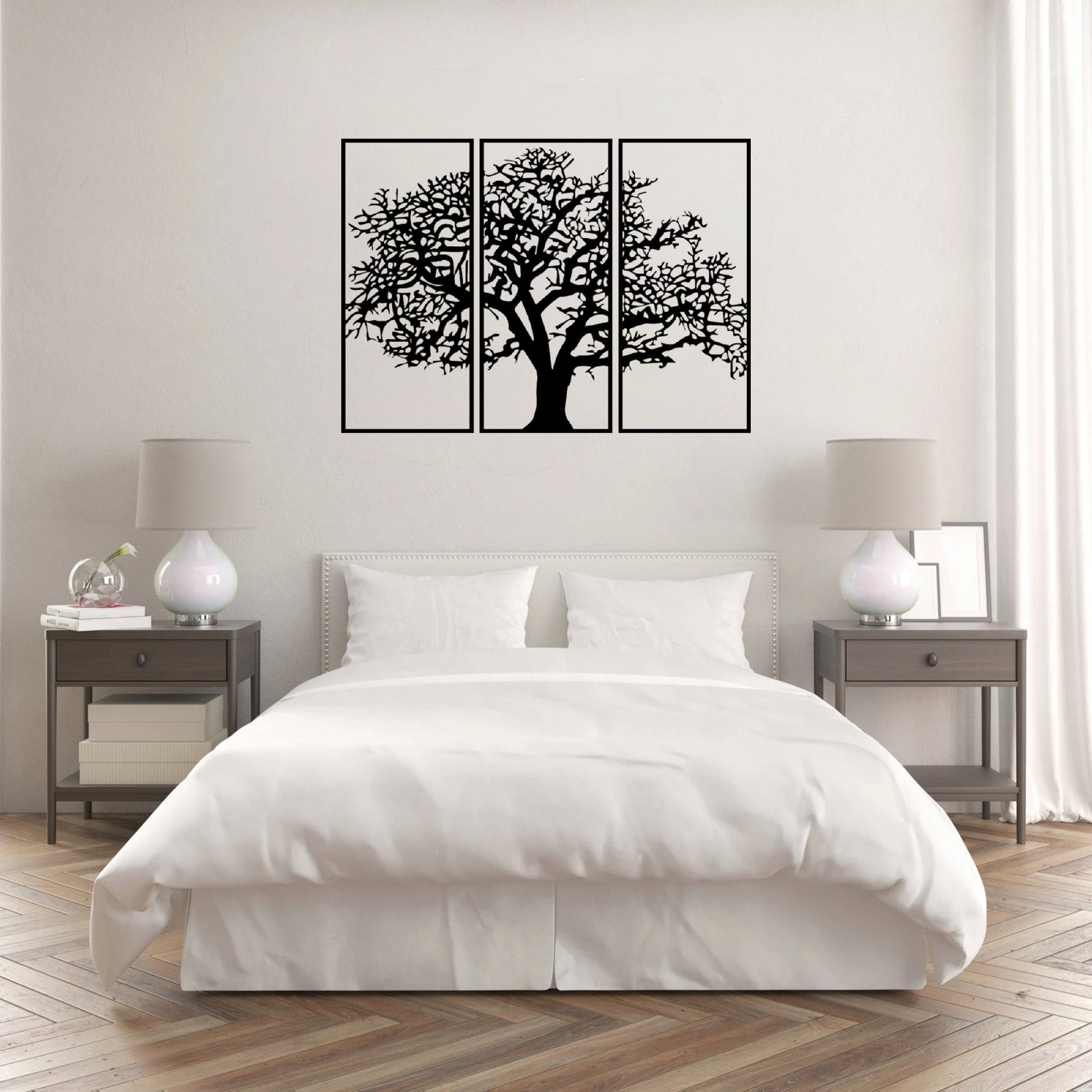 The Canopy Tree of Life Wall Art's clean white background blends seamlessly with the white bedroom walls, giving the piece an ethereal, almost floating effect.