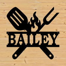 Load image into Gallery viewer, BBQ cookout custom metal sign with grill tools and custom name