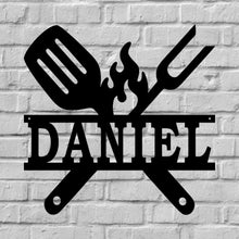 Load image into Gallery viewer, BBQ cookout custom metal sign with grill tools and custom name