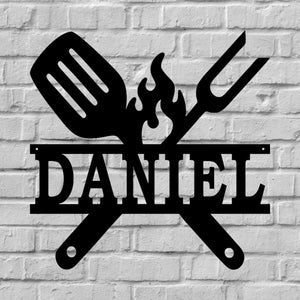 BBQ cookout custom metal sign with grill tools and custom name