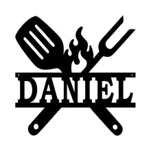 Load image into Gallery viewer, BBQ cookout custom metal sign with grill tools and custom name