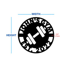 Load image into Gallery viewer, Custom gym circle sign with barbell and custom name dimensions