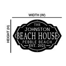 Load image into Gallery viewer, Metal Custom Beach House Sign With Family Name and Date and Lake Name Dimensions Height Width