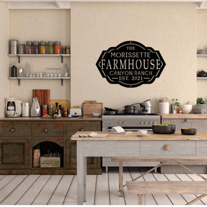 House kitchen with a table and a farmhouse sign on the wall