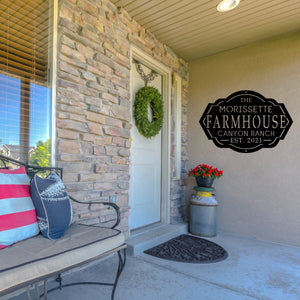 Front porch of a house with tan wall and a black farmhouse sign on the wall