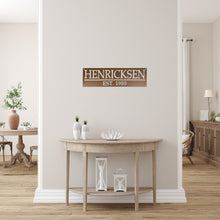 Load image into Gallery viewer, House entryway with an aged copper custom family name sign with established date
