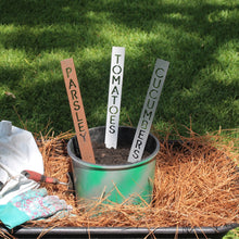 Load image into Gallery viewer, Garden Stake Sign In Aged Copper Paint, White Paint, and Nickel Silver Paint