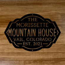 Load image into Gallery viewer, custom mountain house sign with family name and location and date