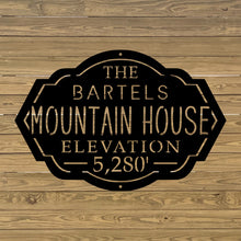 Load image into Gallery viewer, custom mountain house sign cabin personalized with family name and elevation