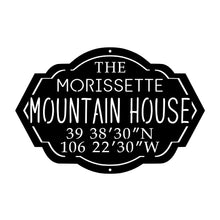 Load image into Gallery viewer, custom mountain house cabin sign with black paint family name and coordinates
