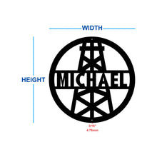 Load image into Gallery viewer, Custom oil derrick metal sign with name and oil rig design dimensions