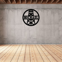 Load image into Gallery viewer, Custom oil derrick metal sign with name and oil rig design