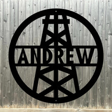 Load image into Gallery viewer, Custom oil derrick metal sign with name and oil rig design