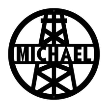 Load image into Gallery viewer, Custom oil derrick metal sign with name and oil rig design