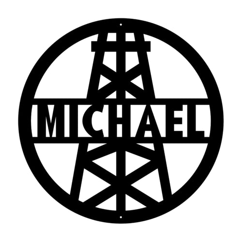 Custom oil derrick metal sign with name and oil rig design