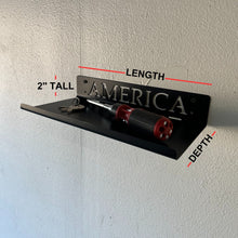 Load image into Gallery viewer, custom name steel shelf with a dimensions showing 2 inch tall and optional length and depth