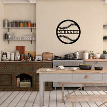 Load image into Gallery viewer, Home kitchen with a table and cabinets and a custom metal sign of a baseball on the wall