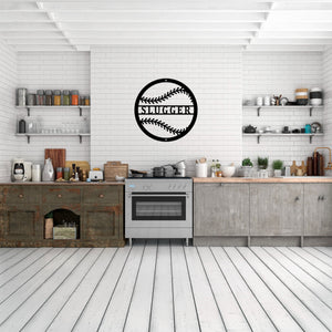 Home kitchen with a custom baseball shaped metal sign on the wall