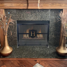 Load image into Gallery viewer, Fireplace Screen in front of a fire with custom letter and handles