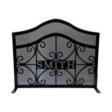 Load image into Gallery viewer, Personalized Fireplace Screen with arch and scroll design black paint