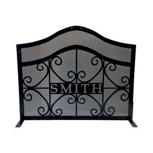Personalized Fireplace Screen with arch and scroll design black paint