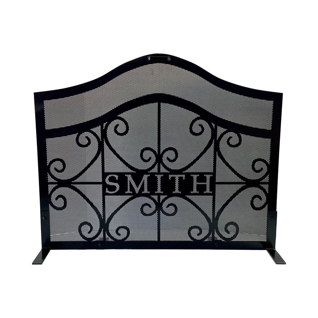 Personalized Fireplace Screen with arch and scroll design black paint