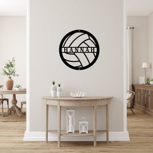 House entryway with a custom metal sign in the shape of a volleyball on the wall